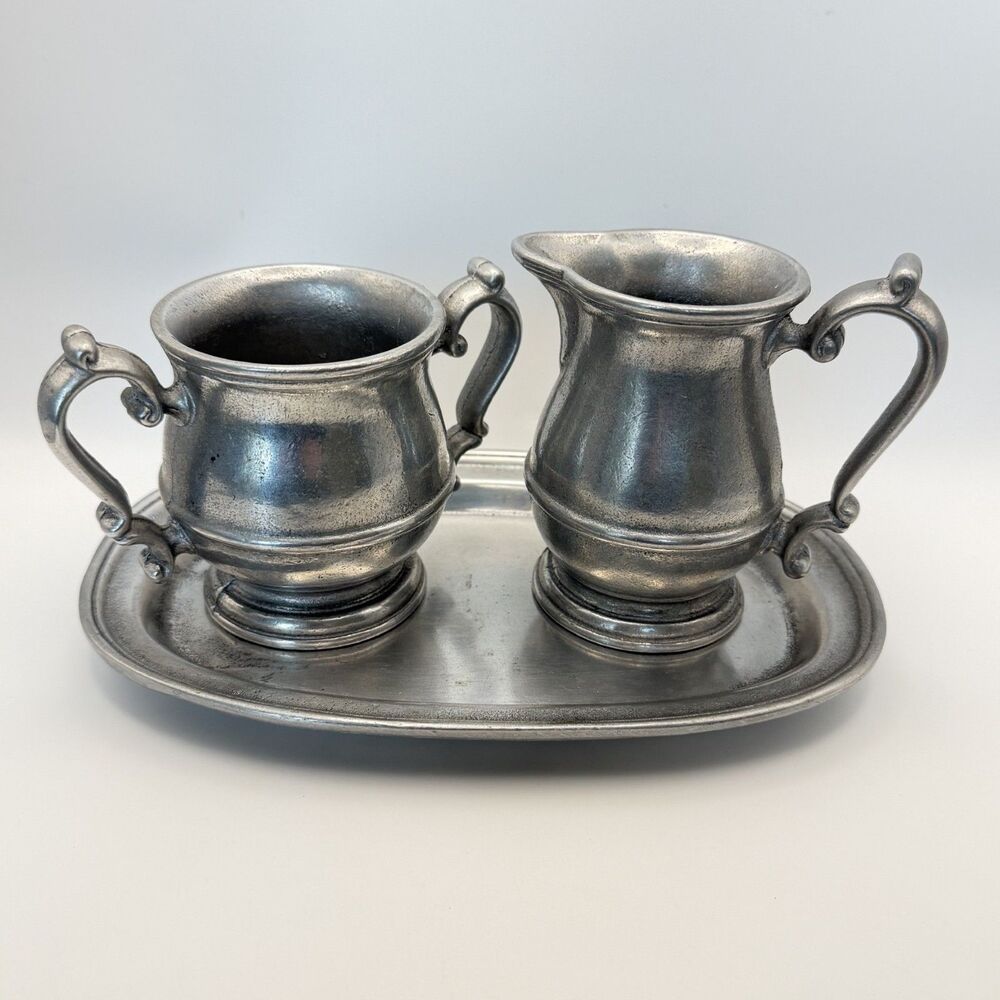 Oneida Cambridge Colonial Smooth Pewter Open Sugar Bowl Creamer and Tray Set